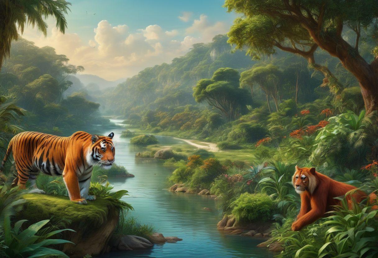 A lush, diverse habitat teeming with flora and fauna, showcasing endangered species like a majestic tiger and a playful orangutan. Vibrant greens and earthy tones illustrate the importance of these habitats. In the background, there's a serene river representing a vital ecosystem. The scene evokes a sense of urgency and beauty in conservation efforts. super-realistic. vibrant colors. natural environment.