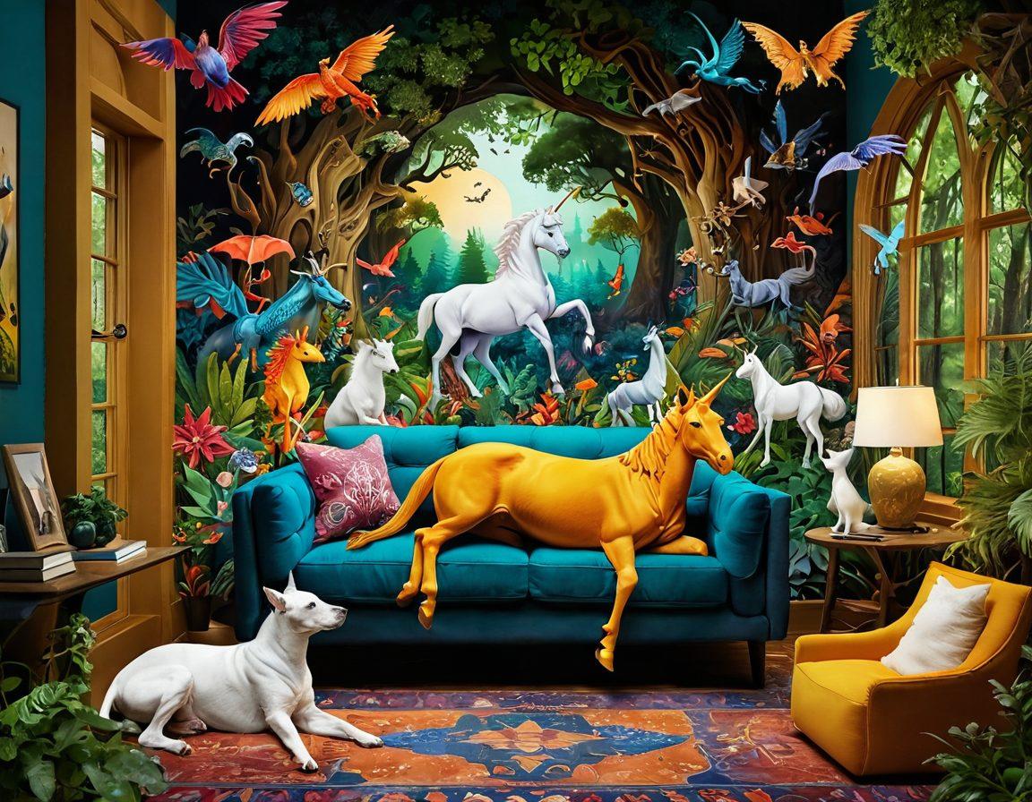 A vibrant collage depicting various animals, from a majestic dragon and a unicorn to playful domestic pets like dogs and cats. The background features a lush, enchanted forest transitioning into a cozy living room setting, symbolizing the connection between mythical and real creatures. Each animal is artistically blended with rich textures and colors to evoke a sense of wonder and responsibility towards all species. The composition flows seamlessly, inviting viewers to explore the diversity of the animal kingdom. super-realistic. vibrant colors. enchanted atmosphere.