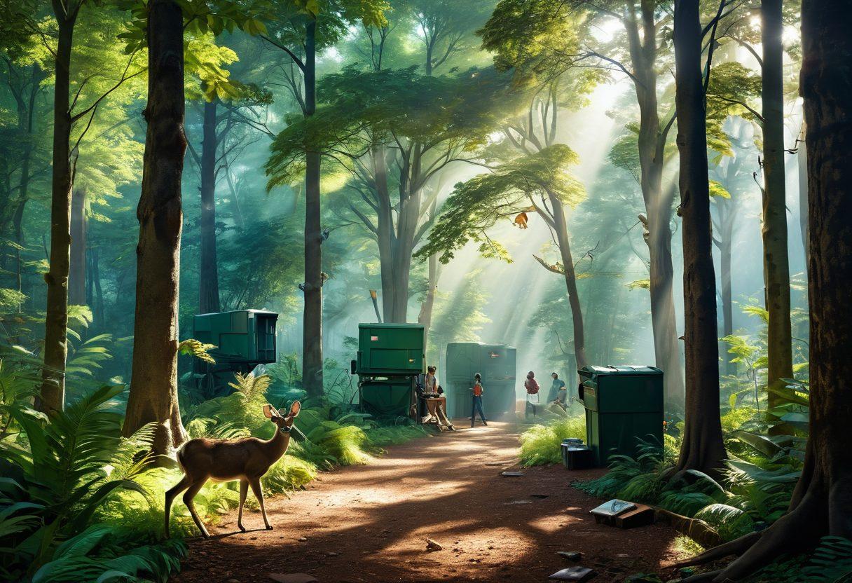 A lush green forest setting with diverse animals like deer, birds, and a mischievous monkey, each displaying unique behaviors. In the foreground, a researcher taking notes while observing them. Soft sunlight filters through the trees, creating dappled light patterns on the ground. Include elements of conservation like recycling bins and wildlife cameras. vibrant colors. super-realistic.